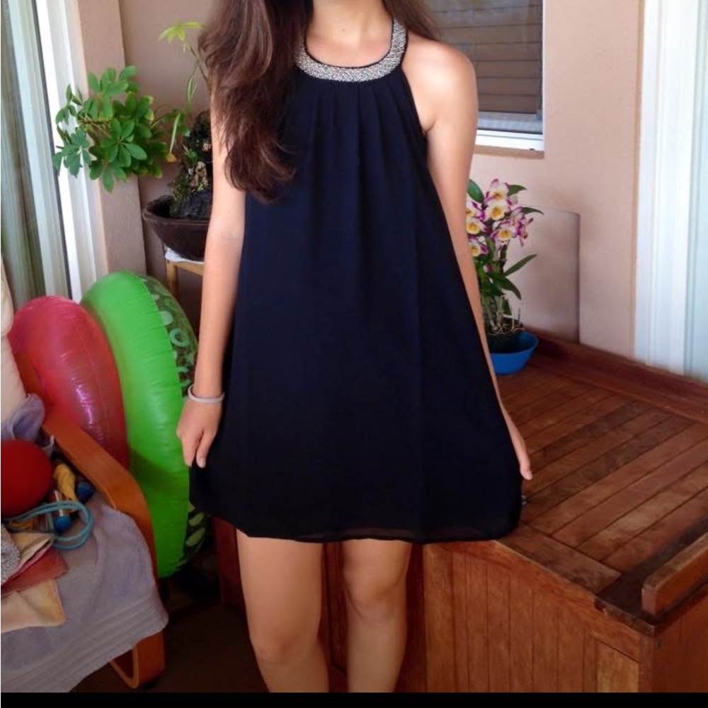 Black Halter Dress with Silver Beaded Neckline